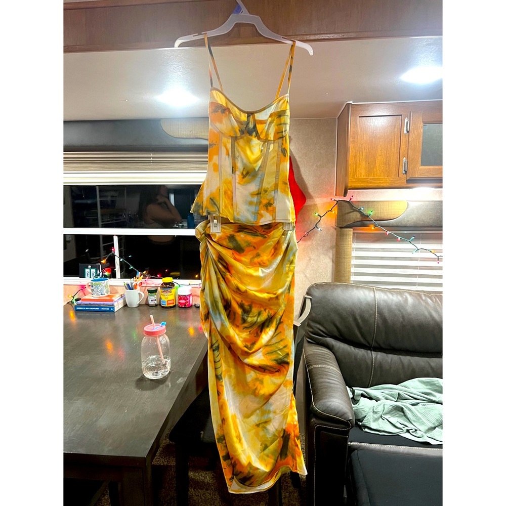 Orange Tie Dye Print Corset Top & Orange Tie Dye Ruched Side Midi Skirt